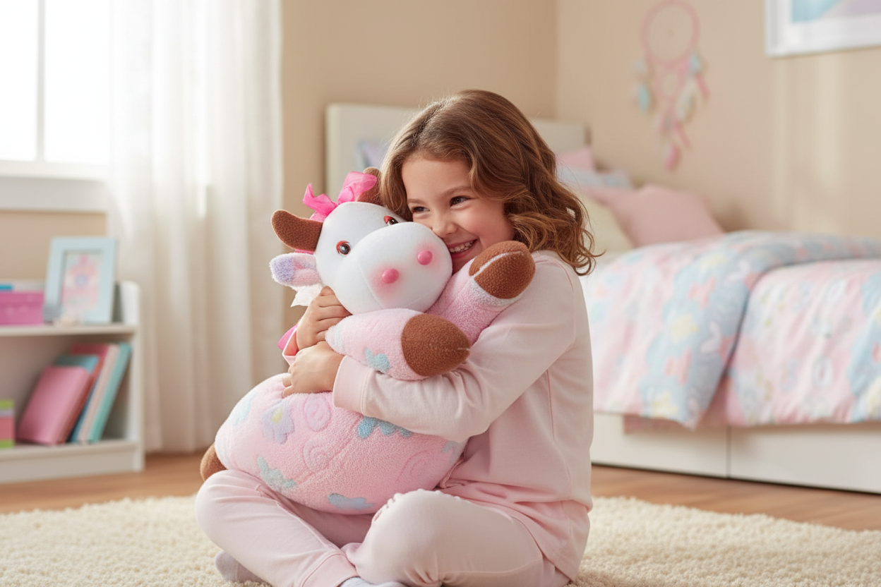 Niña abrazando cojín vaca