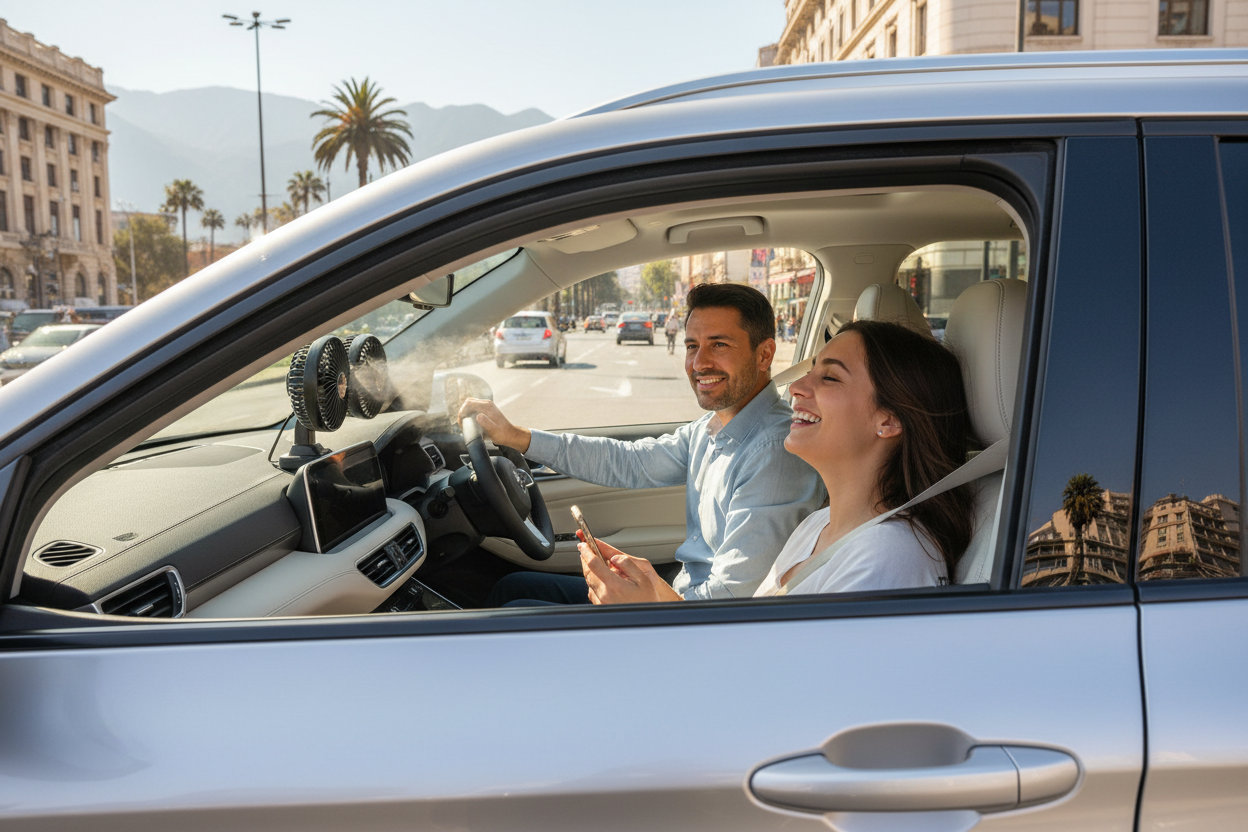 Conductor de Uber con pasajero usando ventilador de auto