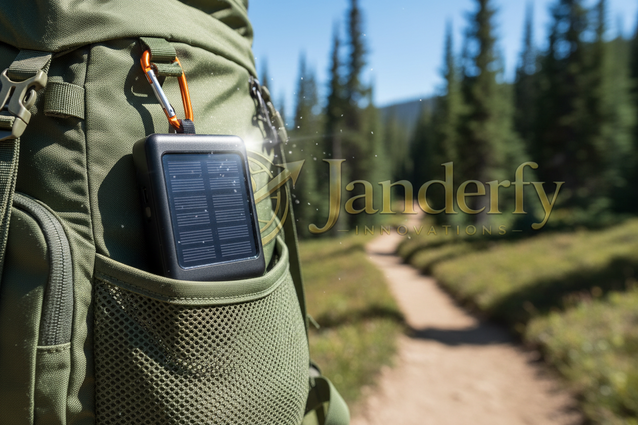 Power Bank solar cargándose en mochila outdoor - Janderfy Innovations