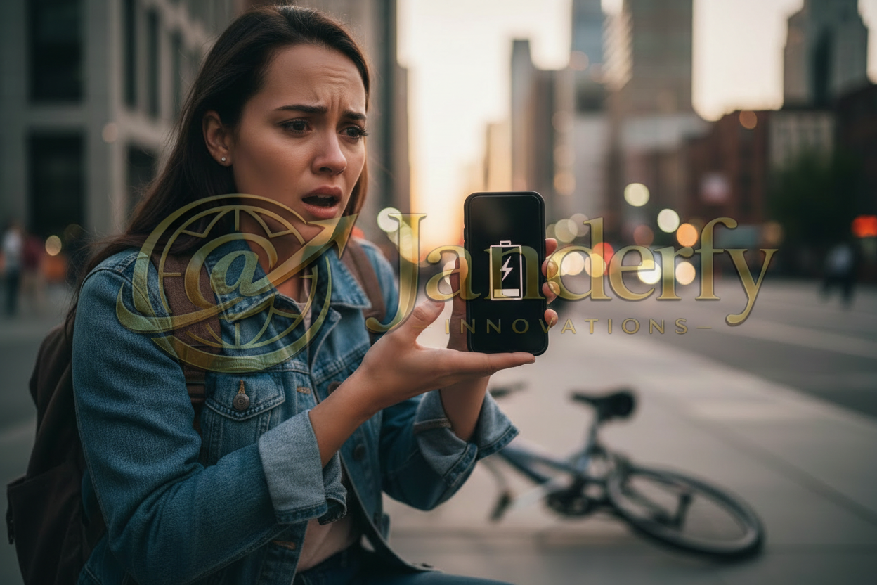 Joven preocupada con celular descargado - Janderfy Innovations