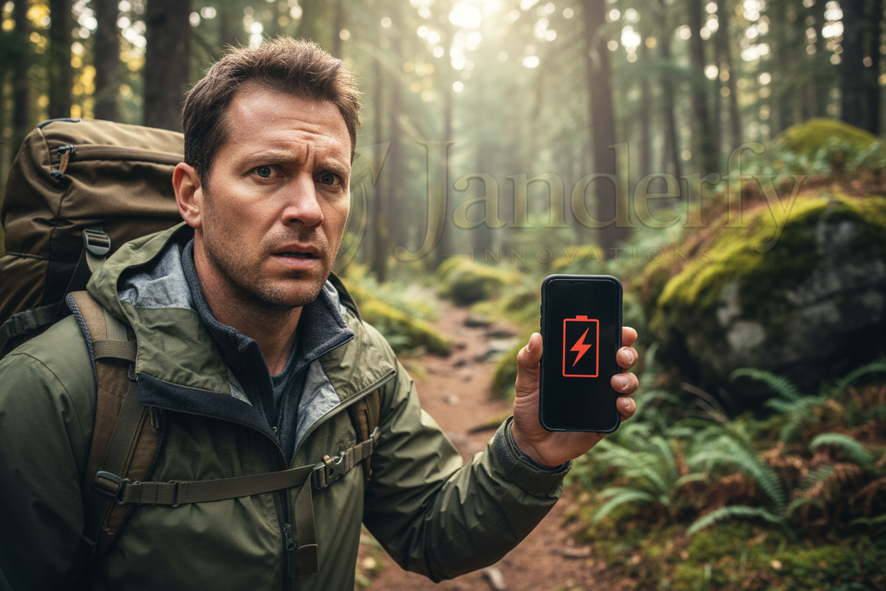 Aventurero preocupado sin batería en la naturaleza - Janderfy Innovations