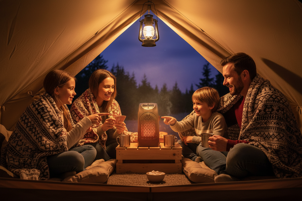 Familia con niños disfrutando camping con calefactor portátil