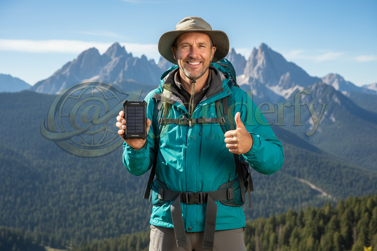 Aventurero satisfecho con Power Bank solar - Janderfy Innovations