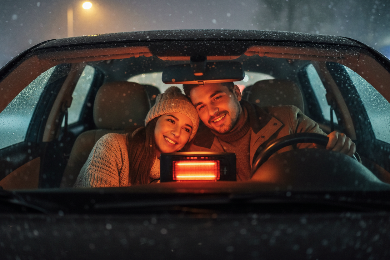 Pareja disfrutando del calor del calefactor portátil en el auto