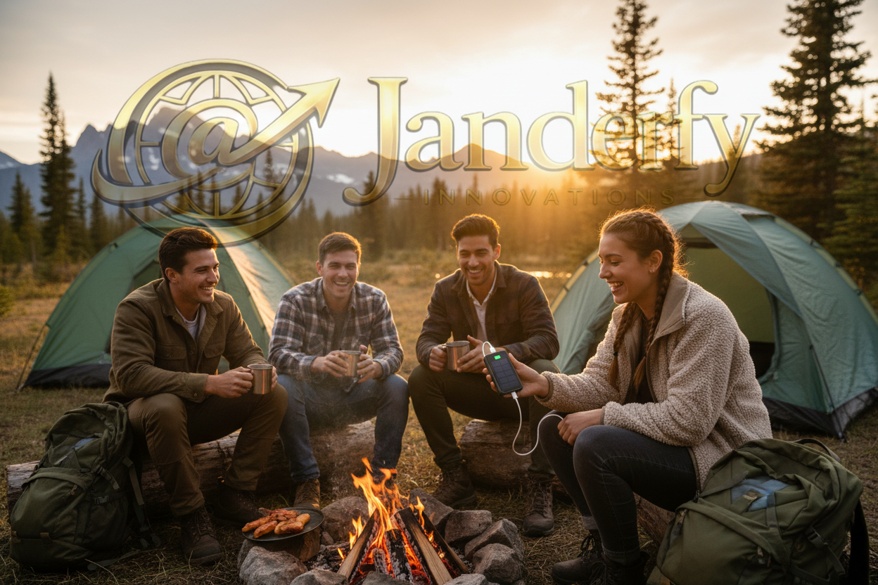 Grupo acampando usando Power Bank solar - Janderfy Innovations