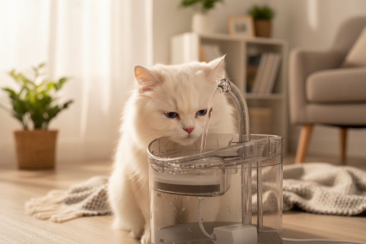 Gato usando bebedero con agua en movimiento