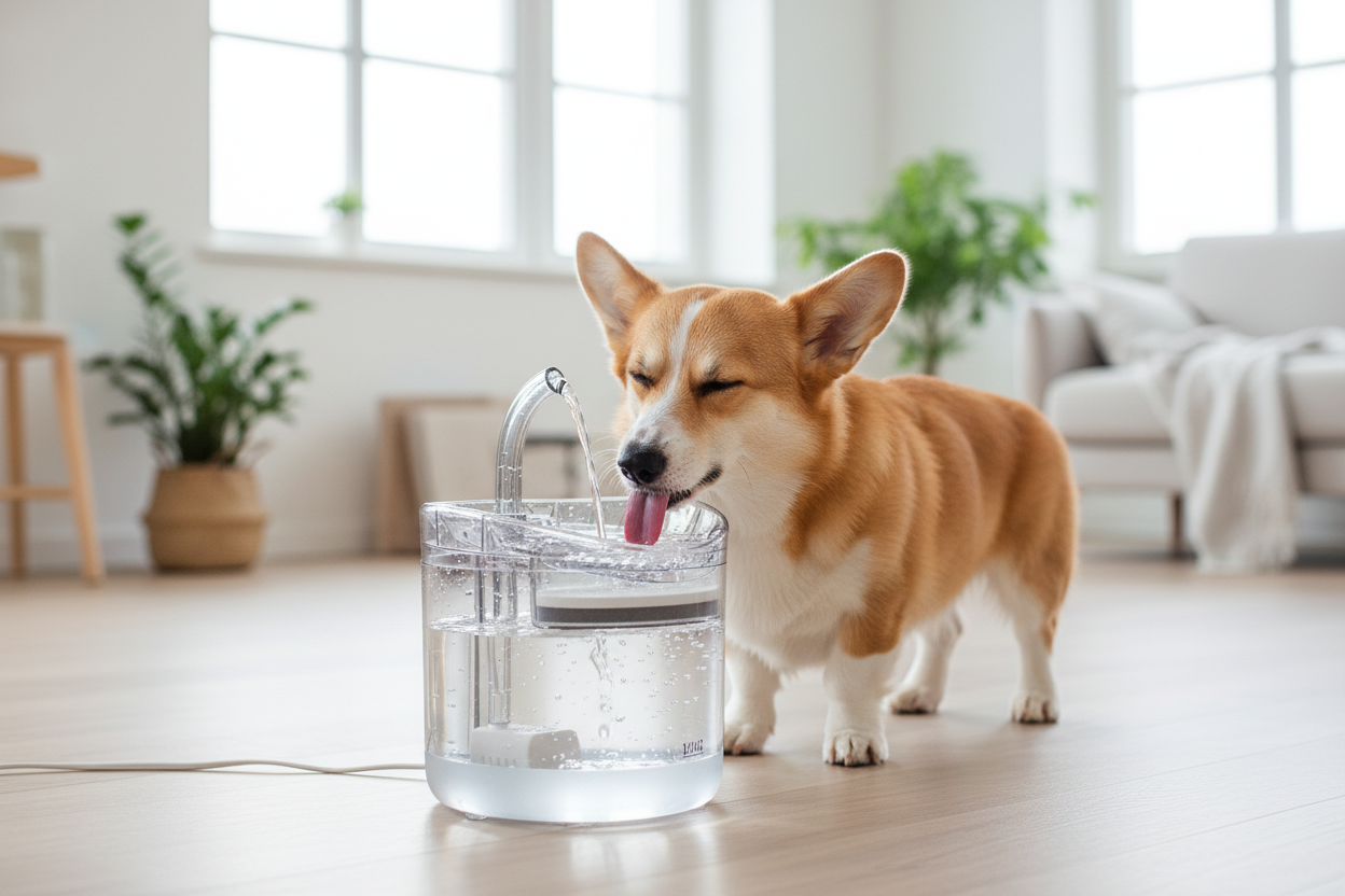 Perro bebiendo agua fresca del bebedero automático