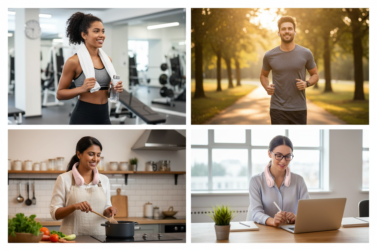 Personas usando ventilador portátil de cuello en actividades diarias